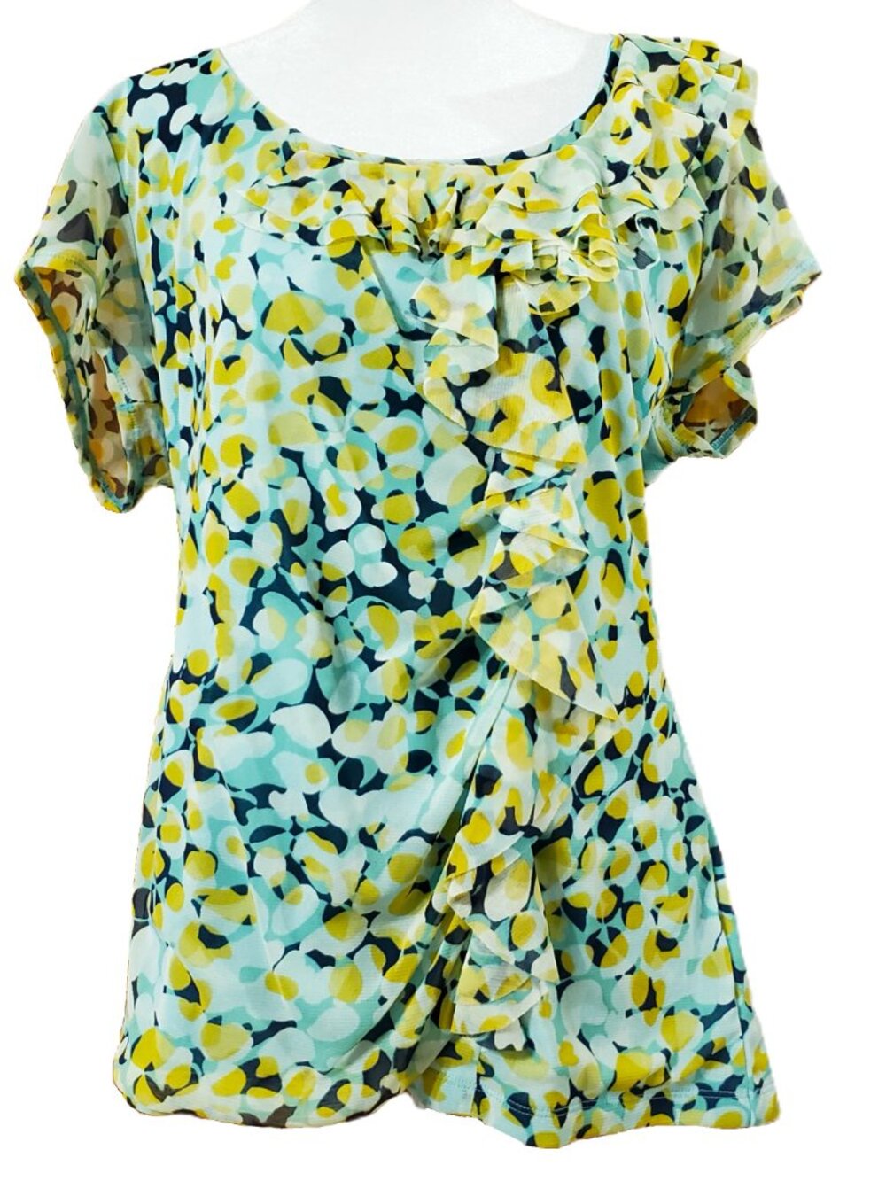 Blue & Green Ruffle Front Short Sleeve Blouse Top APT 9 Womens Size XL Fairy Y2k